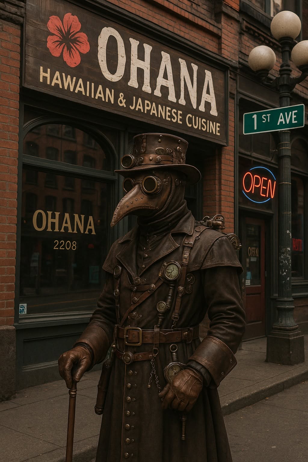 The Plague Doctor in a studded leather coat and beaked mask standing on a rain-darkened Seattle street corner beneath a neon OPEN sign